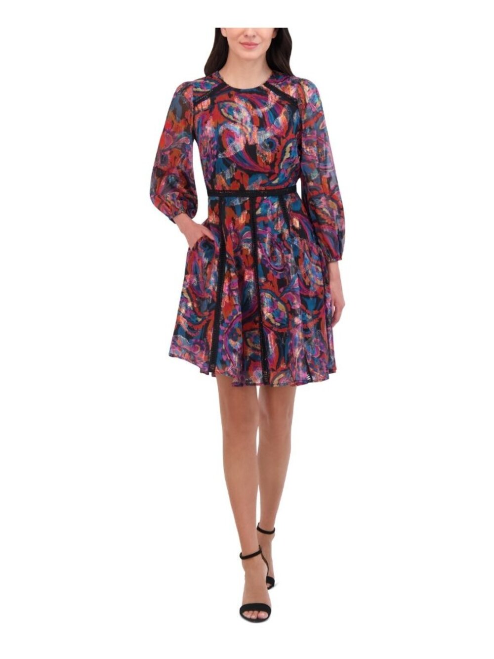 Vince Camuto Metallic Chiffon Fit & Flare Dress Black Purple Size 14 MSRP $168
